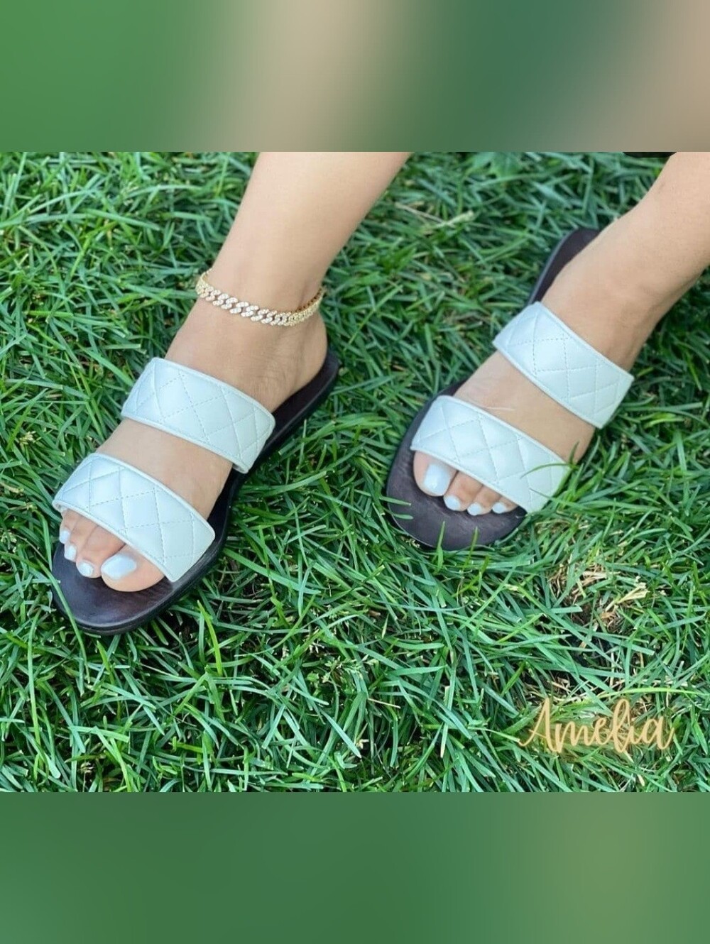 Quilted Double-Strap Slide Sandals in White